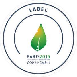 Sommet de la Terre 2015 logo de la COP21. Tour Eiffel sur fond de feuille et soleil en coin supérieur